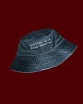 Navy embroidered bucket hat with white hotties with dead mommies text on a deep red background